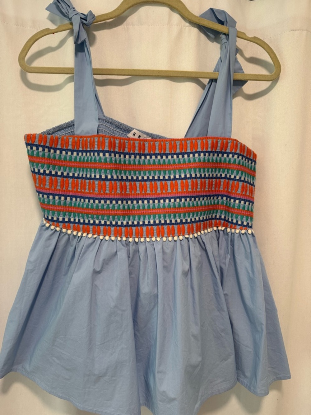 THML Light Blue Smocked Tank Top with Orange, Green & Navy Embroidery